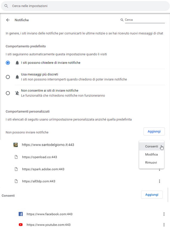 Gestione notifiche chrome