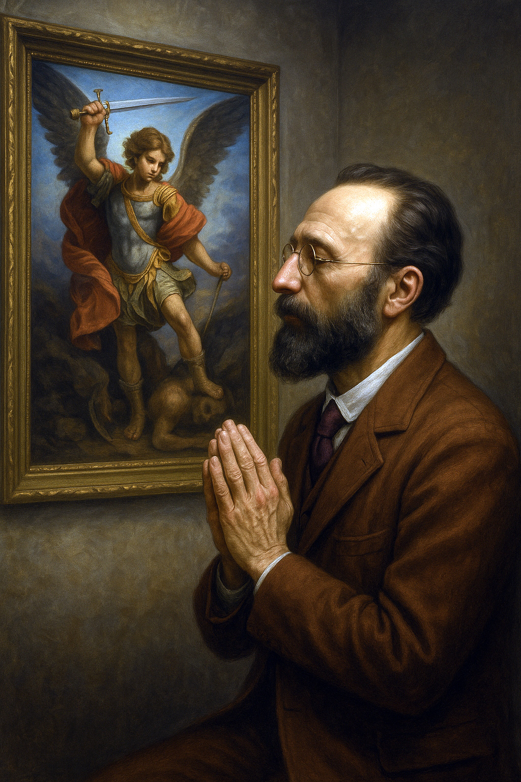 Beato Bartolo Longo in preghiera davanti l'immagine di San Michele Arcangelo