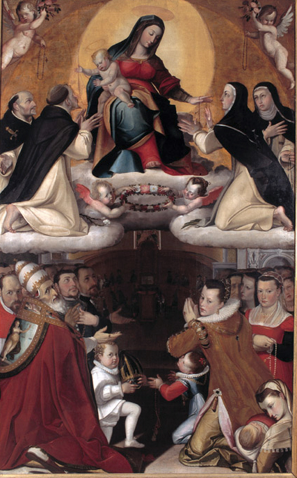 La Madonna del Rosario, angeli, santi, papa Pio V e devoti