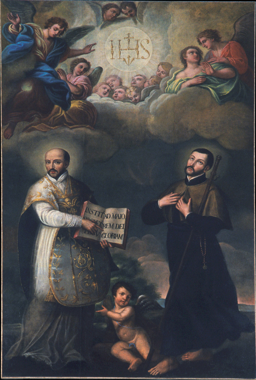 Sant'Ignazio di Loyola, San Francesco Saverio e angeli in gloria attorno al monogramma del nome di Gesù.