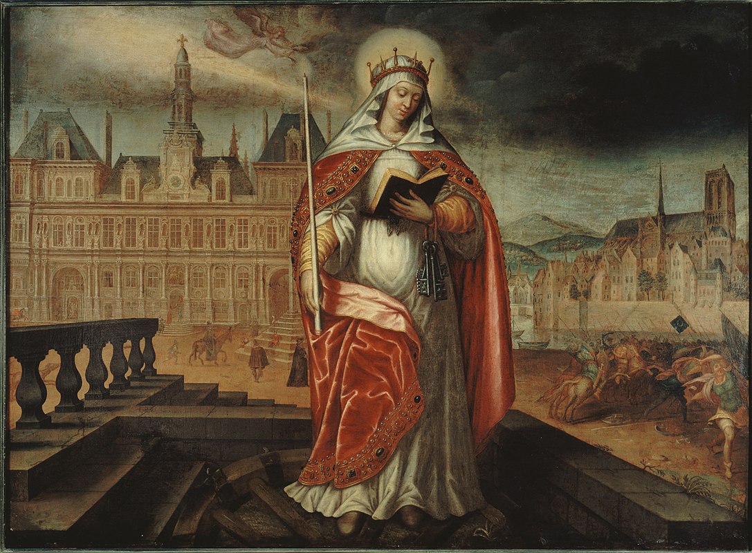 Santa Genoveffa, patrona di Parigi, davanti all'Hôtel de Ville; a destra, gli Unni respinti, intorno al 1620