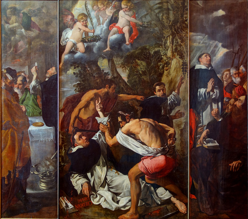 Trittico con storie di S. Pietro da Verone: Miracolo della falsa Madonna ovvero S. Pietro rompe il giogo satanico degli eretici; Martirio di S. Pietro da Verona; Miracolo della nube